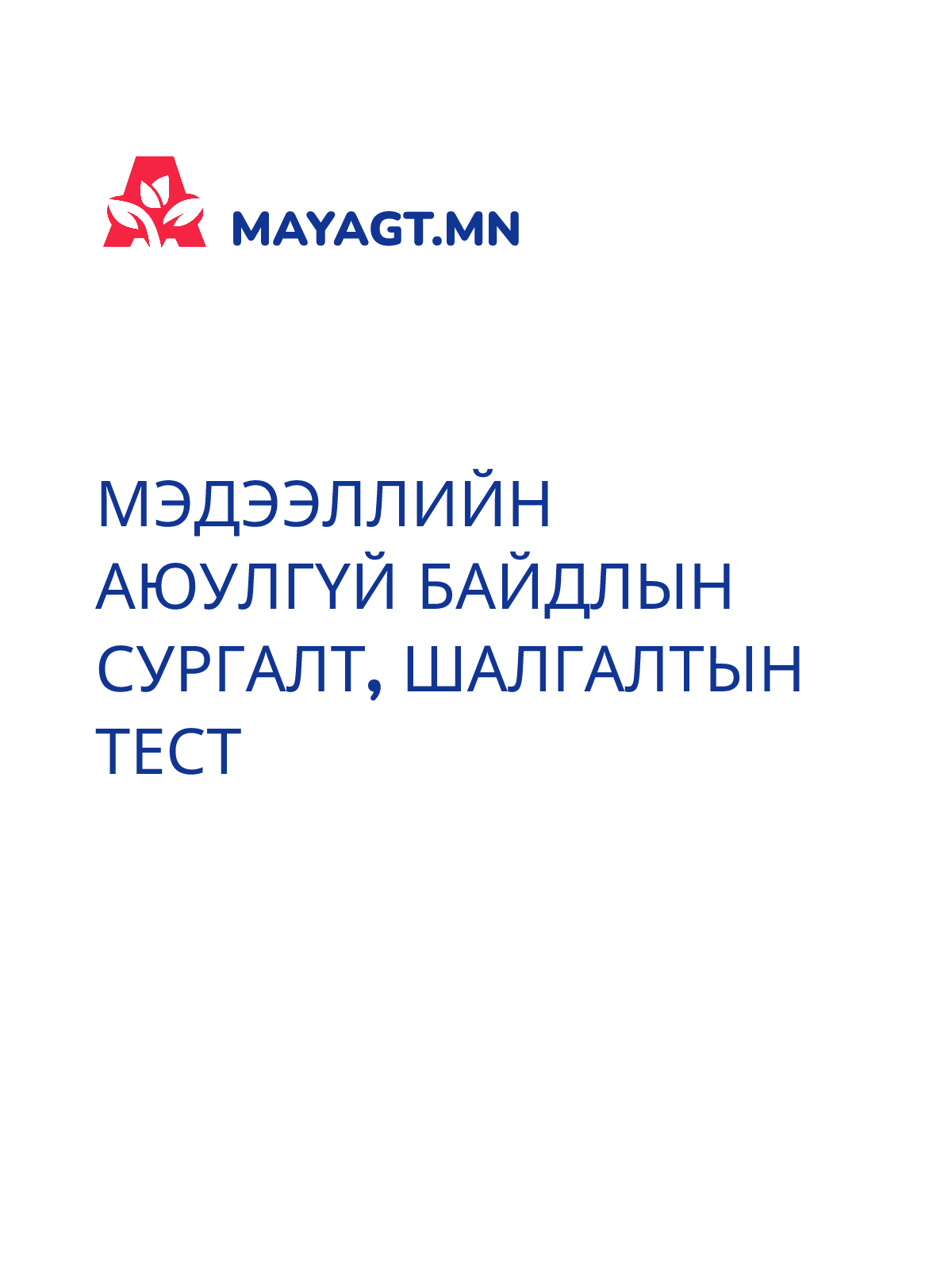 МЭДЭЭЛЛИЙН АЮУЛГҮЙ БАЙДЛЫН СУРГАЛТ, Шалгалтын тест