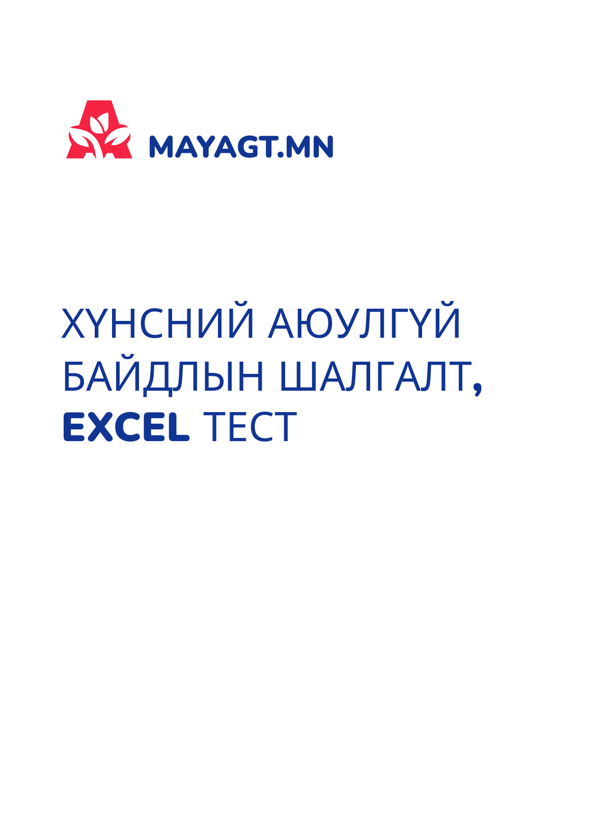 ХҮНСНИЙ АЮУЛГҮЙ БАЙДЛЫН ШАЛГАЛТ, Excel тест