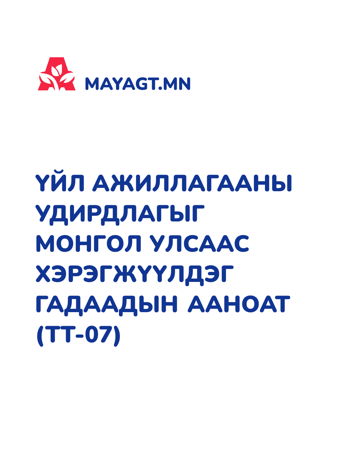 ҮЙЛ АЖИЛЛАГААНЫ УДИРДЛАГЫГ МОНГОЛ УЛСААС ХЭРЭГЖҮҮЛДЭГ ГАДААДЫН ААНОАТ (ТТ-07)